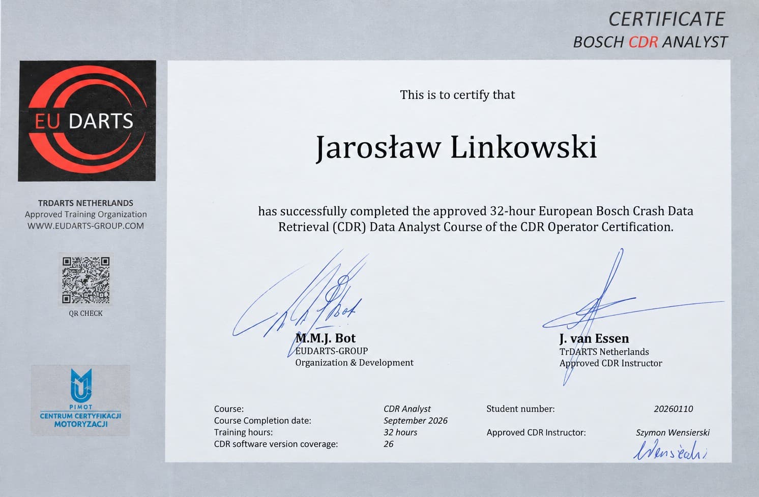 Skan certyfikatu EUDARTS Bosch CDR Analyst: Jarosław Linkowski