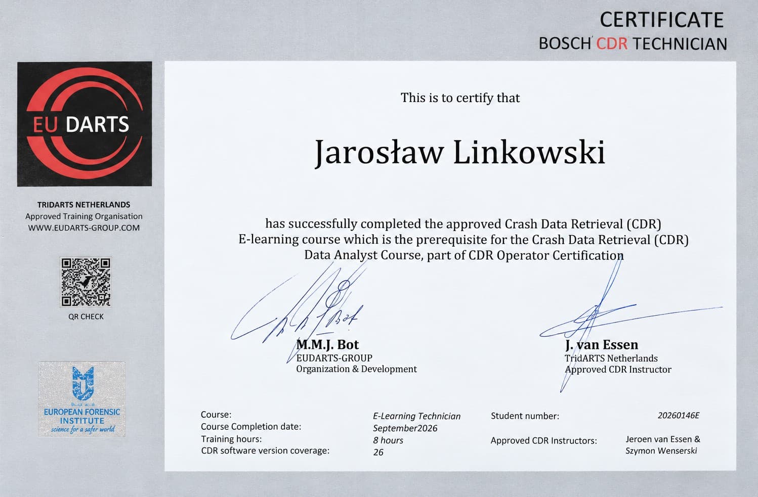 Skan certyfikatu EUDARTS Bosch CDR Technician: Jarosław Linkowski